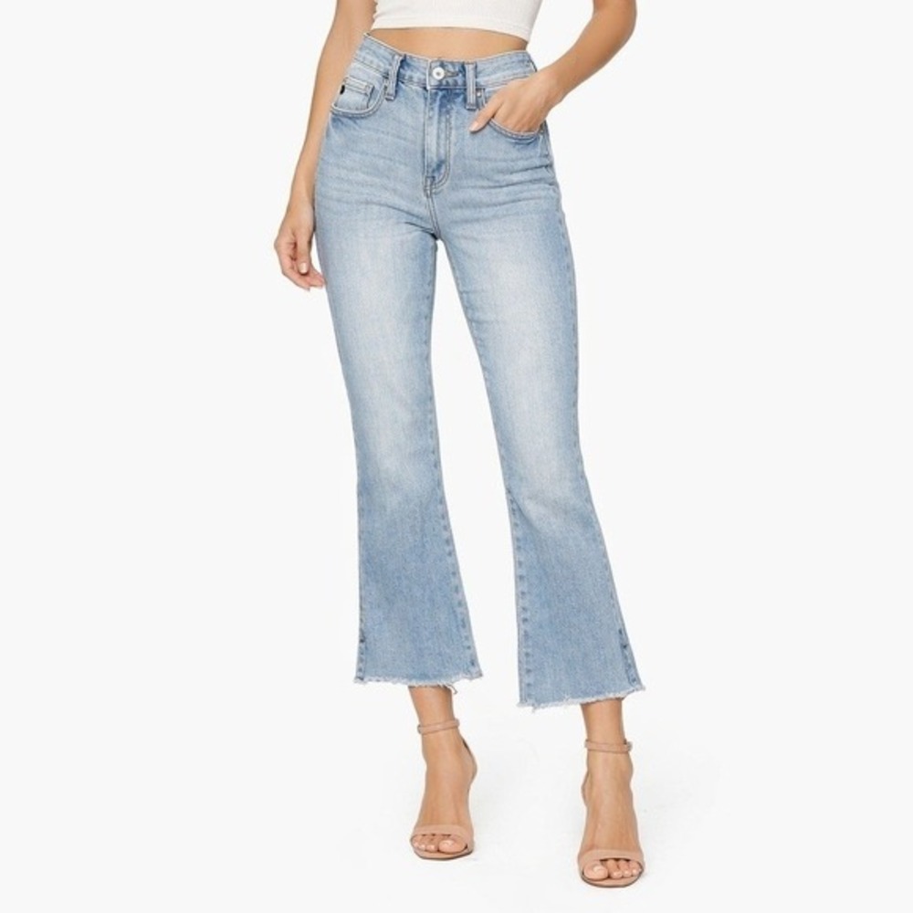 KanCan Collins High Rise Cropped Flare Jeans Indigo Blue Distressed‎ NWT